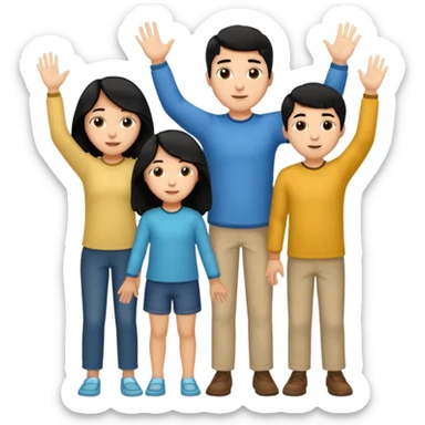 Hispanic family of five grouped together, mom with long straight hair, dad with short curly hair, two boys with matching short hair, one girl with long straight hair, no raised hands, transparent background sticker