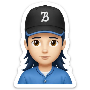 generate a pretty bratz boy wearing a dark blue button up shirt, long black mullet hair. Matching blue baseball cap on head. smirking sticker