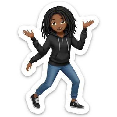 African American girl dark skin with shoulder length black deadlocks wearing I plain black hoodie wearing skinny jeans dancing in street sticker