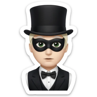 A man with white skin, a black half mask with an eye hole, a black top hat, a black vest with a black tie tucked underneath, and a white collared shirt sticker