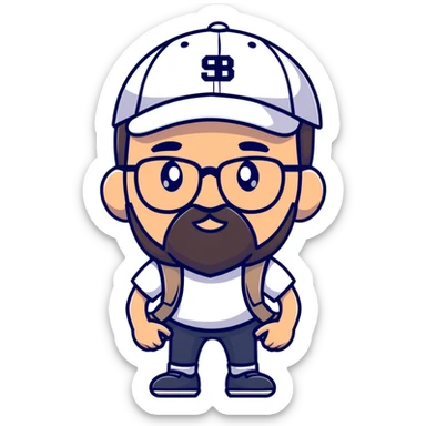 adventurer with small beard, glasses and backwards baseball cap sticker
