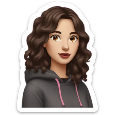 White women with long wavy dark brown hair with curtain bangs and long eyelashes dark brown eyes and pink cheeks with pink lips and thick dark brown eyebrows wearing a black hoody sticker