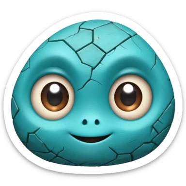 One small turquoise rock creature, rounded but still clearly a rock with cracks and facets, big expressive eyes and a shy smile, sticker