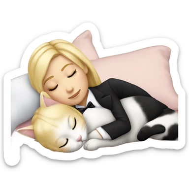 White girl blonde hair sleeping with kitty. kitty has tuxedo markings sticker