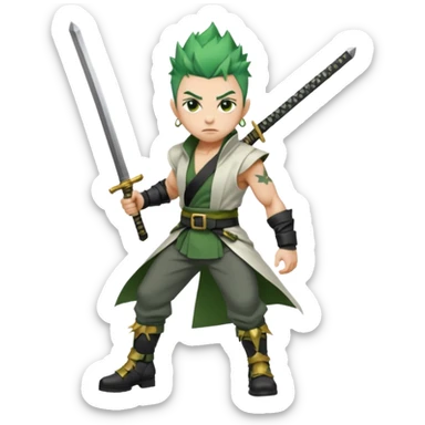 Muscular scarred warrior, short spiky moss-green hair, sharp steel-grey eyes, strong jaw, serious stare. Black trousers, boots, green sash with three katanas, open white coat, three gold earrings. Cinematic, ultra-realistic. (Roronoa Zoro) sticker