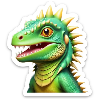 Cinematic Comical Iguana Portrait Emoji, Head tilted dramatically with an exaggeratedly shocked expression, featuring a robust, textured body with a quirky, spiky crest and wide, comically expressive eyes full of playful disbelief, Simplified yet hilariously expressive features, highly detailed, glowing with a slightly sassy jungle glow, high shine, dramatic yet playful, stylized with an air of quirky reptilian mischief, soft glowing outline, capturing the essence of a meme-worthy iguana that looks ready to side-eye its way into viral fame! sticker