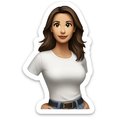 3/4 face, contrasted, shadow, light, Eva Longoria expression, standing from a distance, thin nose, brunette woman, hazel eyes, long eyelashes, dark shoulder shaded hair, white t-shirt, jeans, white sneakers sticker