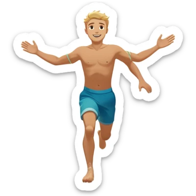 A white man running into the ocean with arms wide open, embracing the waves and the moment. The sun shines warmly, and the water sparkles, symbolizing the joy of creating fun and appreciating life’s simple moments. Their footprints in the sand fade as they fully immerse themselves in the present. sticker