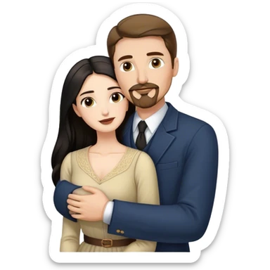 tall white man with brown hair goatee mustache hugging a pale woman with long black hair, wearing elegant clothing sticker