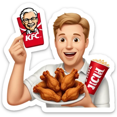 "Create an emoji of a white man holding KFC chicken wings with a happy and excited expression. Make sure to add the text 'KFC ABSOLUTE CINEMA ✋😮🤚' in large, bold letters, covering the entire screen and standing out clearly. This text must be included. Use a vibrant and expressive style." sticker