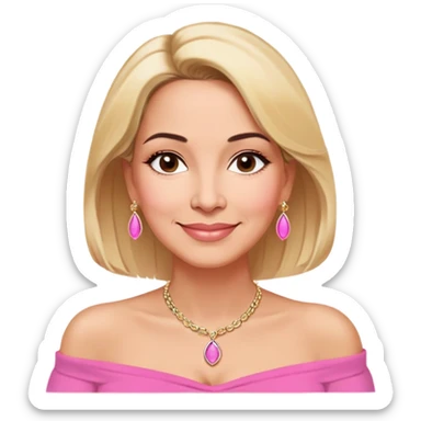 Puerto Rican actress Linette Torres in her 50s with warm light skin, sweet loving expression, gentle kind eyes, well-defined eyebrows, straight nose, warm smile, shoulder-length blonde hair, wearing a pink off-shoulder strapless top and a necklace sticker