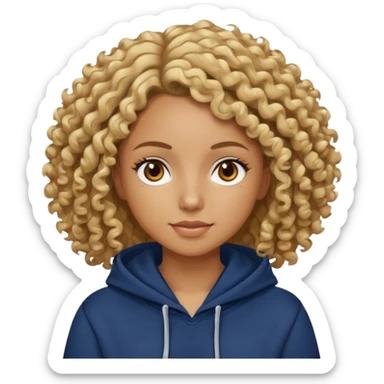 Woman with tan skin, curly hair with some blonde highlights, brown eyes, navy blue hoodie  sticker