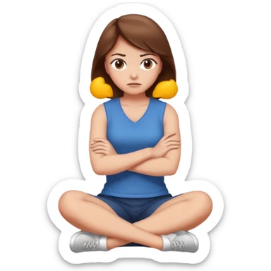 annoyed woman with brown hair sitting on the floor in profile, arms crossed, avoiding eye contact, emoji style sticker