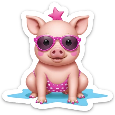 cute pig wearing  star-shaped sunglasses and polka dot bathing suit on all fours with nail polish sticker