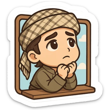 Kurdish sticker, cartoon style, Kurdish man or woman in jamadani, looking at the sky or window, longing expression, no text sticker