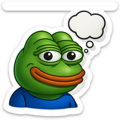 make a pepe in bright green smiling and looking straight at the camera with thought bubble looking at right right in 3d style, good highlights and shadows, drop shadows sticker