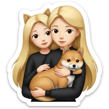 blonde long hair girl hugs a Shiba inu and a black shiba inu sticker