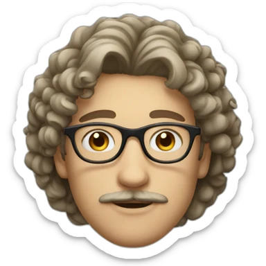 white young man with rounded mustache, and oval glasses without frame, and soft curly hair sticker
