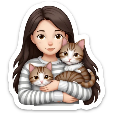 a girl with long dark brown hair, in a
white sweater and brown eyes, hugs a tabby
grey and white strips one cat.  sticker