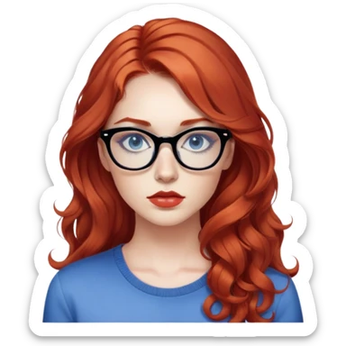 Nữ 25 tuổi, da trắng, tóc dài xoăn nhẹ màu đỏ, gọng kính màu đen, mắt kính màu xanh dương , mặt nghiêm túc, lông mi dài, trang điểm khá đậm, áo phong cách fashion insta sticker