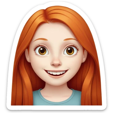traditional emoji of young girl with very pale skin, long straight bright ginger red hair, very big wide human eyes, wide nose, big smile with extremely large prominent teeth showing, classic round face sticker