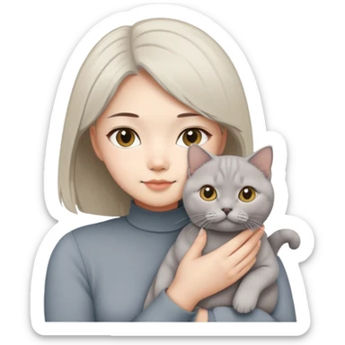 Asian girl beige hair holding grey British short hair cat sticker