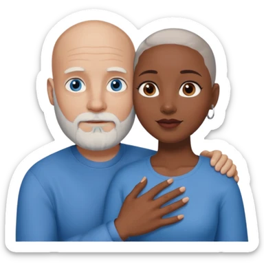 Talk bald white man with a white beard and blue eyes lovingly holding a black woman with brown eyes and grey hair sticker