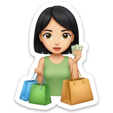 A girl whit black hair spending money whit bags of clothes  sticker
