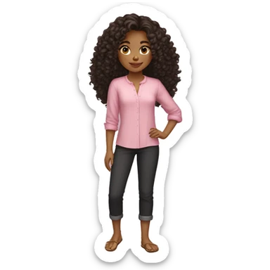 girl with straight curly hair with long sleeve pants with bare feet with sandals with short sleeve blouse black pants pink blouse showing and pretty face sticker