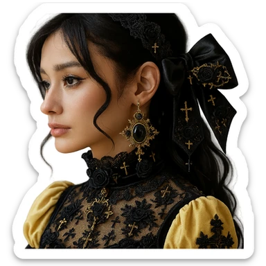 Add more gothic details such as ornate filigree, small black roses, and subtle cross motifs to the pastel yellow gothic bow and matching earrings. Keep lace and velvet details. Photorealistic style. Keep background transparent if possible. sticker