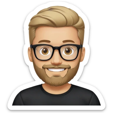 Man with light skin, full facial beard, short upswept hair, large black-framed glasses, smiling face, black sports fabric shirt sticker