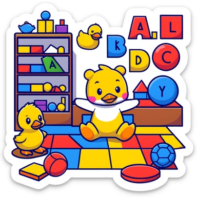 playroom floor with scattered toys - plush teddy, rubber duck, alphabet blocks, bouncy ball, action figures sticker