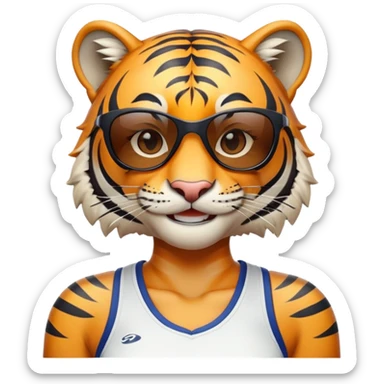 female energetic anthropomorphised tiger in sports clothes, wearing dark sunglasses, head and shoulders only, smiling sticker