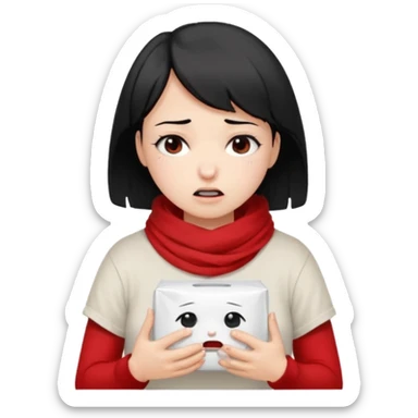 a pretty bratz fair girl crying in a loose oversized off white tshirt and red scarf with short black hair with a tissue box sticker