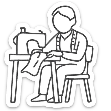 hand-drawn outlined icon of a tailor sewing, sketchy lines sticker