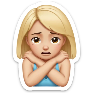 Girl crying with arms crossed grabbing neck sticker