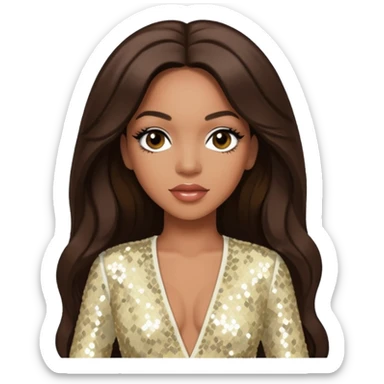 Farrah Franklin from Destiny's Child with long dark brown hair, ivory sequin outfit sticker