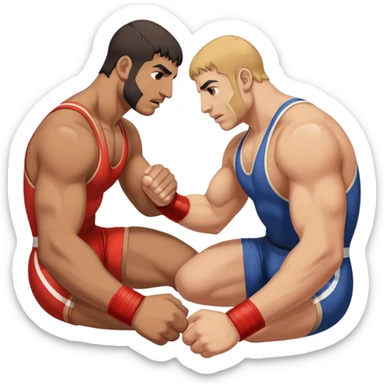 An icon symbolizing Greco-Roman wrestling, showing two wrestlers locked in a powerful grip, focusing on upper-body techniques. The background features a wrestling mat, with the athletes wearing traditional singlets. Transparent background highlights the strength and skill of the sport. sticker