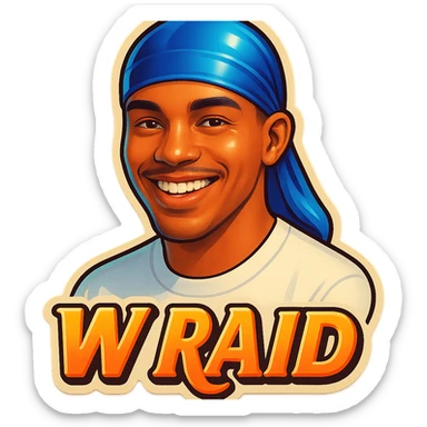 Smiling 
make his shirt white
Change His durag To BLUE
Make it say "  W Raid " sticker
