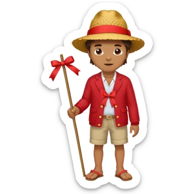Make a guy with a straw hat and the hat has a red rebin and a red jacket and sandals and a x on he's chest sticker