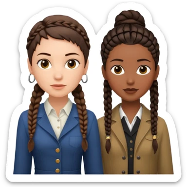 white woman brunette with a pixie hairstyle and black woman with long braids with masculine clothes sticker