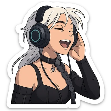 she is listening to music in headphones and JAMMIN!, a closeup portrait of young woman with gold yellow eyes, white hair, long braid, black off-shoulder top d-cup, punk gothic style, futuristic cyberwave cyberpunk,  sticker