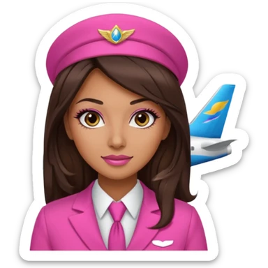 Flight attendant with pink outfit tan skin long dark brown hair with blonde highlights pretty makeup long lashes sticker