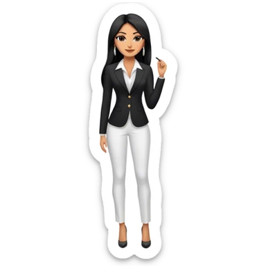 beautiful fit tall woman boss, with long straight black hair, with make up, black eye liner, smile, mexican, brown skin, wearing beautiful profesional outfit and white earings, full body sticker
