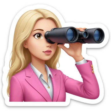 futuristic-looking woman with long hair in an intensive color pink suit looking through binocular, viewed from an angled perspective. do not make bincoular with more than 2 eyes sticker