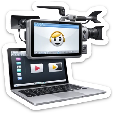 Create an emoji of video editing. Should feature a video editing timeline or interface on a computer screen, showing clips and a playhead. Include a video camera and editing tools. No any smiley faces in emoji. Make the background transparent. sticker