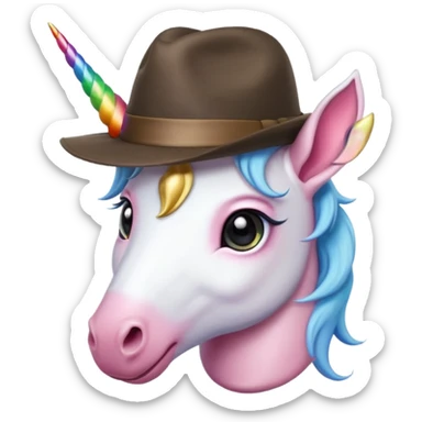 unicorn face cute wearing fedora, horn piercing through the hat sticker
