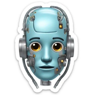 Pastel blue hair cyborg head with silver respirator mask and circuits sticker