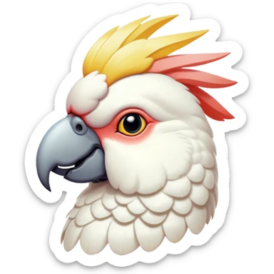 Cinematic Noble Cockatoo Portrait Emoji, Poised and regal, with a striking, crest-adorned head of brilliant white and pastel hues, a robust, curved beak, and piercing, intelligent eyes, Simplified yet sharp and sophisticated features, highly detailed, glowing with a soft, tropical luminescence, high shine, intelligent and majestic, stylized with an air of avian elegance, focused and alert, soft glowing outline, capturing the essence of a watchful and confident cockatoo that appears ready to unfurl its crest out of the screen with effortless authority! sticker