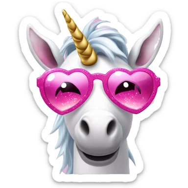 Unicorn with pink sparkly horn wearing pink heart snapped sunglasses sticker